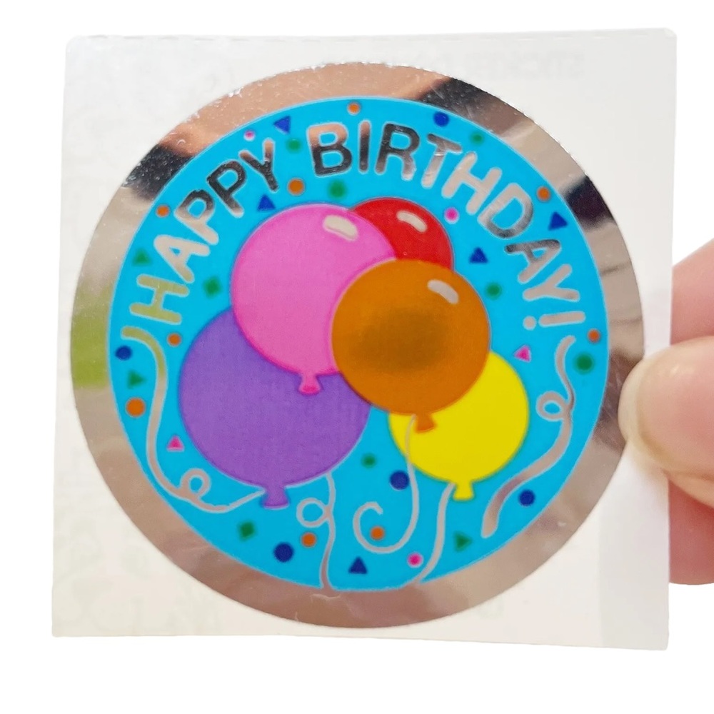 Vintage Sandylion Large Sticker Happy Birthday Balloons Blue Circle Silver Pink